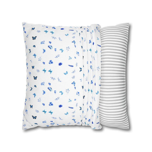 Blue and White Flowers and Butterflies Spun Polyester Square Pillowcase