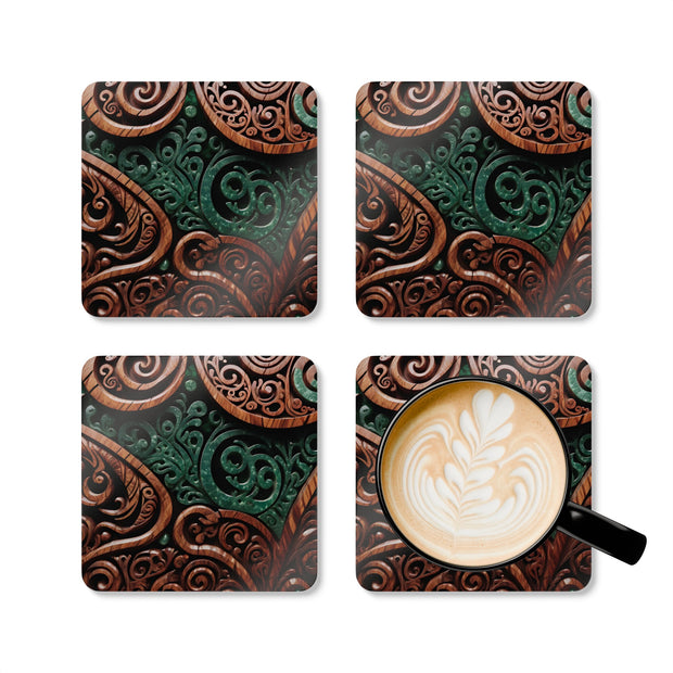 New Zealand Maori Pounamu Greenstone and Wood Corkwood Coaster Set