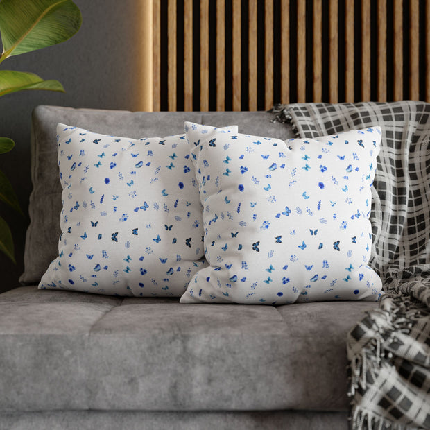 Blue and White Flowers and Butterflies Spun Polyester Square Pillowcase