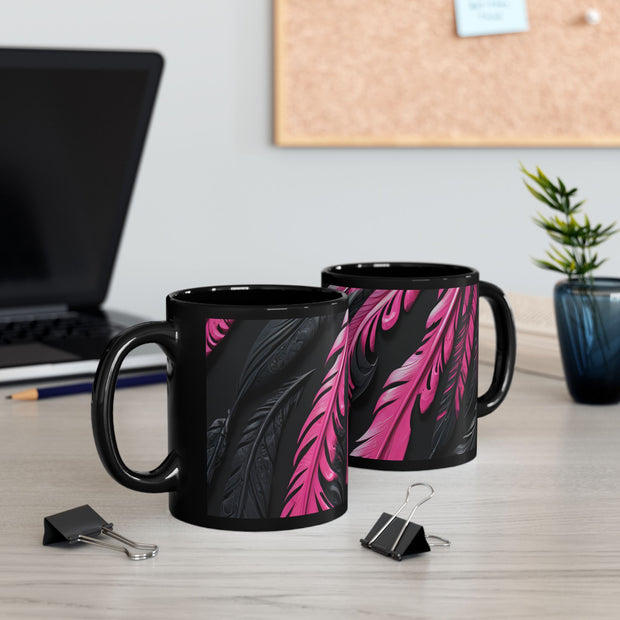 Pink and Black Feathers Mug (11oz, 15oz) Black