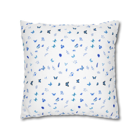 Blue and White Flowers and Butterflies Spun Polyester Square Pillowcase