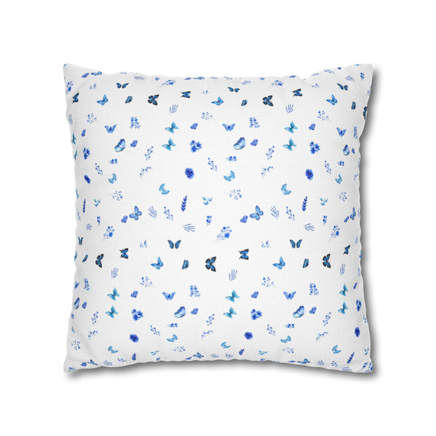Blue and White Flowers and Butterflies Spun Polyester Square Pillowcase