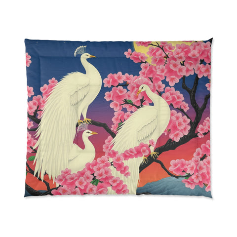 Japanese White Peacocks In Cherry Blossom Tree Comforter