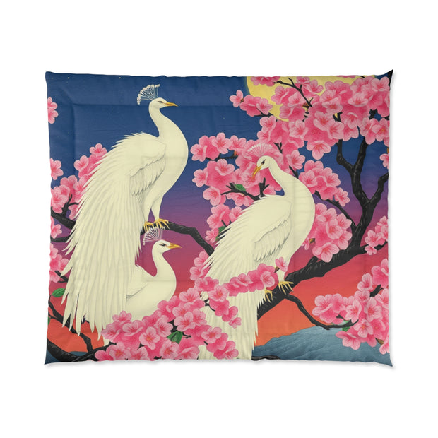 Japanese White Peacocks In Cherry Blossom Tree Comforter