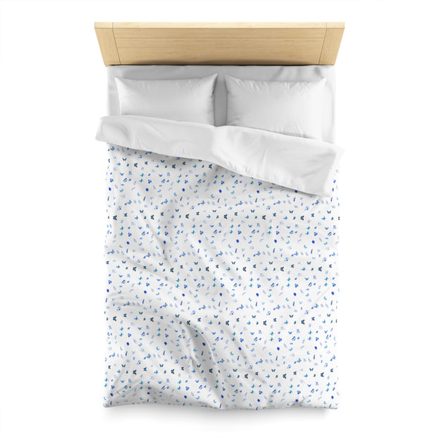 Blue and White Flowers and Butterflies Microfiber Duvet Cover