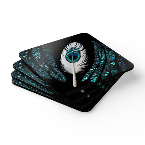 White Kotuku Paua Abalone Feather Corkwood Coaster Set