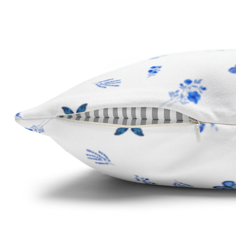 Blue and White Flowers and Butterflies Spun Polyester Square Pillowcase