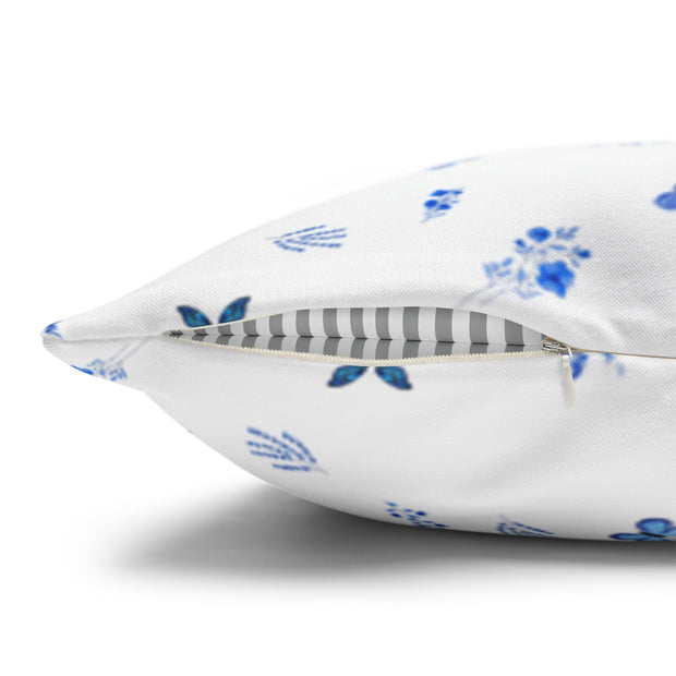 Blue and White Flowers and Butterflies Spun Polyester Square Pillowcase