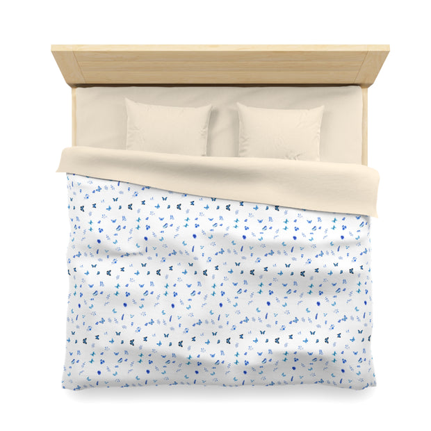 Blue and White Flowers and Butterflies Microfiber Duvet Cover
