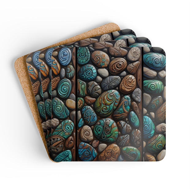 Beautiful Natural Stones With Maori Designs Corkwood Coaster Set