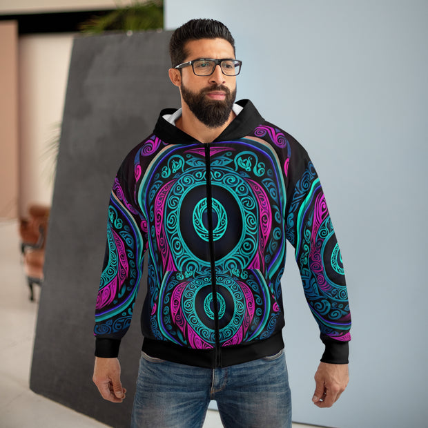 Pink Black Turquoise Maori Koru Unisex Zip Hoodie (AOP)