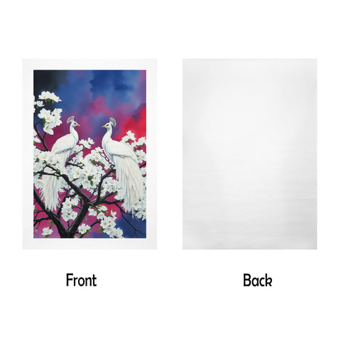 Stunning White Peacocks Red and Blue Sky Print