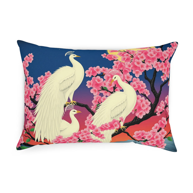 Japanese White Peacock Birds On Cherry Tree Cushion