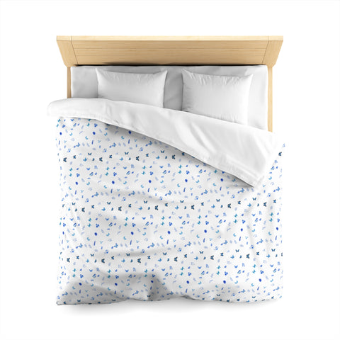 Blue and White Flowers and Butterflies Microfiber Duvet Cover