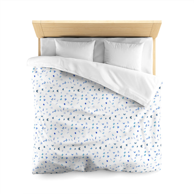Blue and White Flowers and Butterflies Microfiber Duvet Cover