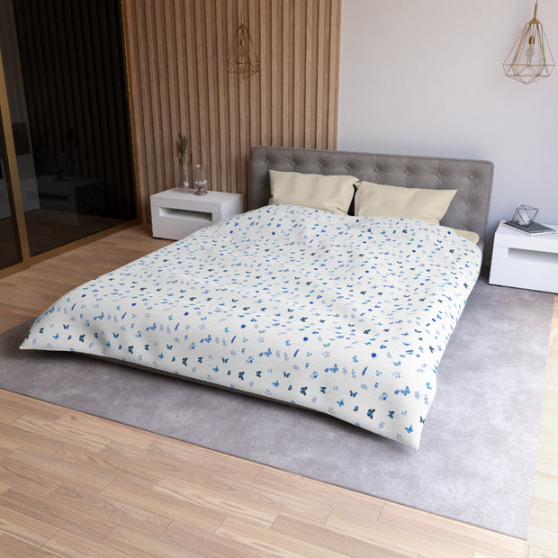 Blue and White Flowers and Butterflies Microfiber Duvet Cover