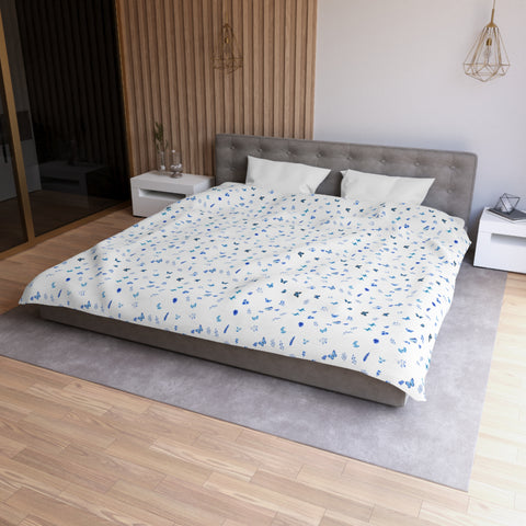 Blue and White Flowers and Butterflies Microfiber Duvet Cover