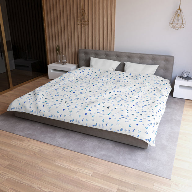 Blue and White Flowers and Butterflies Microfiber Duvet Cover