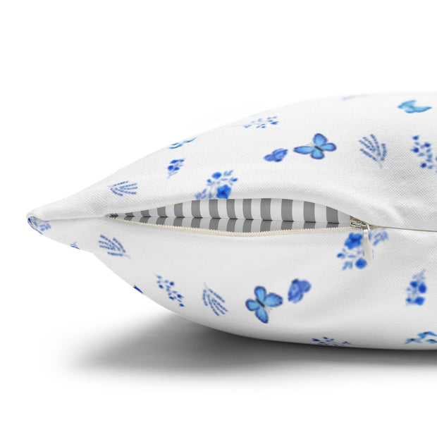 Blue and White Flowers and Butterflies Spun Polyester Square Pillowcase