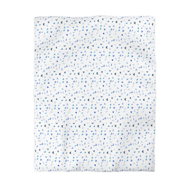 Blue and White Flowers and Butterflies Microfiber Duvet Cover