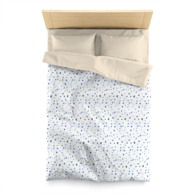 Blue and White Flowers and Butterflies Microfiber Duvet Cover
