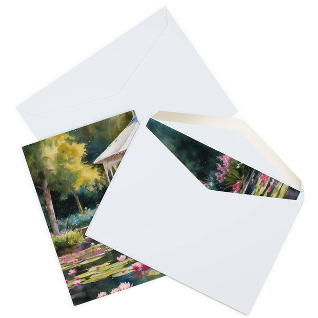 Monet Inspired Water Lily and White Gazebo Greeting Cards (5 Pack)