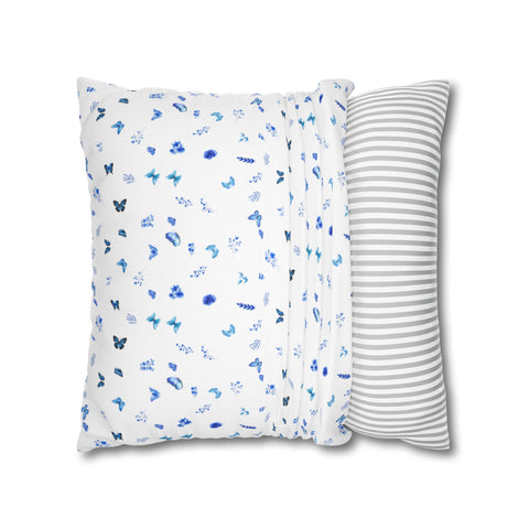Blue and White Flowers and Butterflies Spun Polyester Square Pillowcase