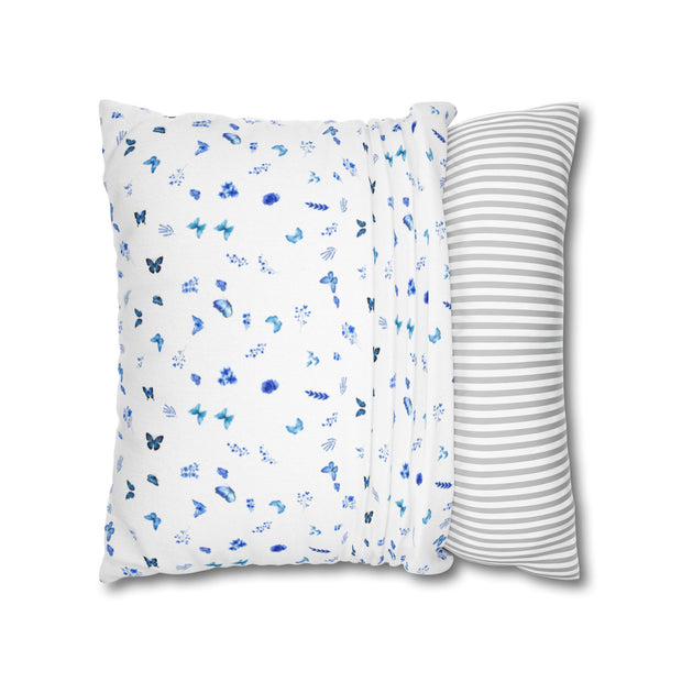 Blue and White Flowers and Butterflies Spun Polyester Square Pillowcase