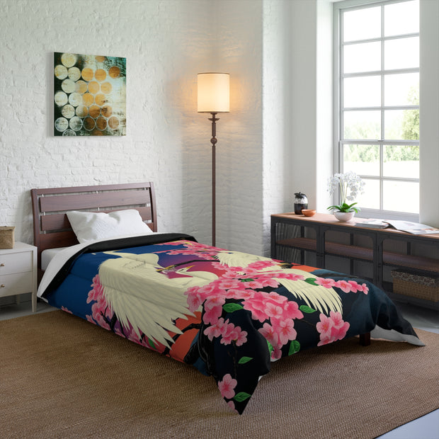 Japanese White Peacocks In Cherry Blossom Tree Comforter