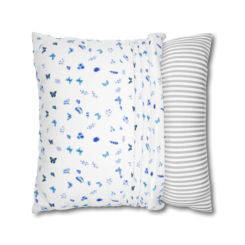 Blue and White Flowers and Butterflies Spun Polyester Square Pillowcase