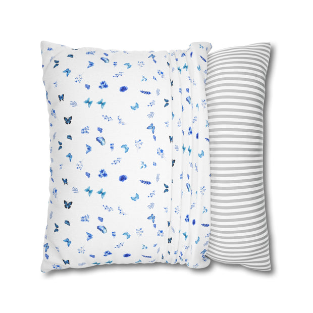 Blue and White Flowers and Butterflies Spun Polyester Square Pillowcase