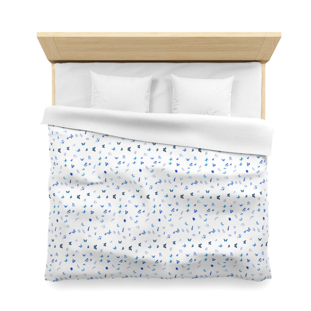 Blue and White Flowers and Butterflies Microfiber Duvet Cover