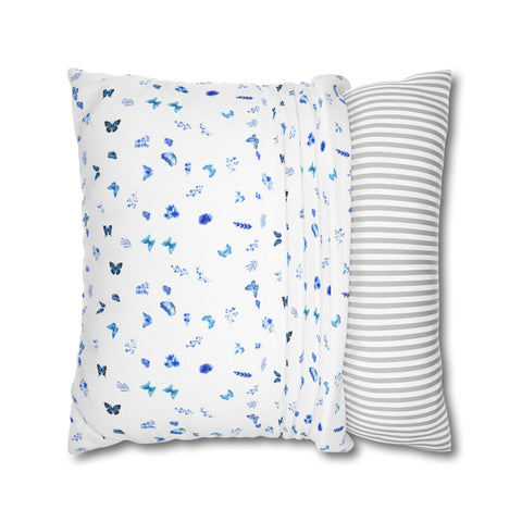 Blue and White Flowers and Butterflies Spun Polyester Square Pillowcase