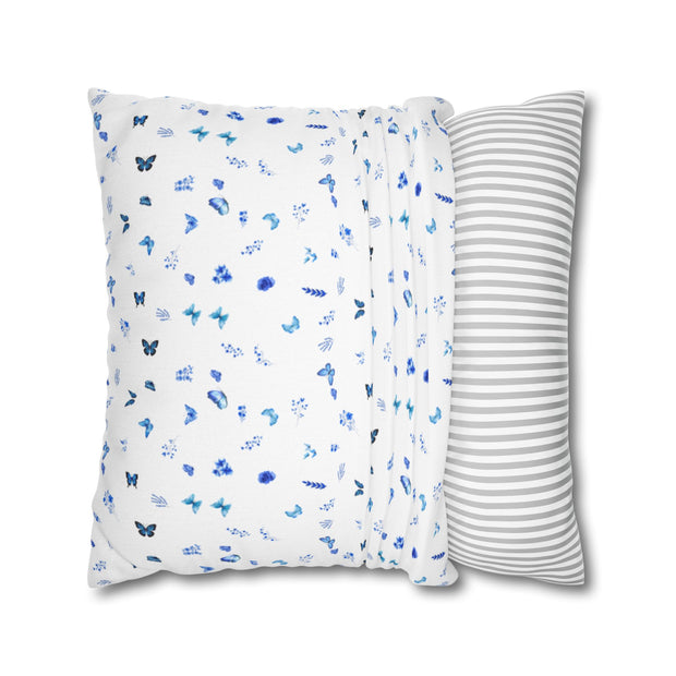 Blue and White Flowers and Butterflies Spun Polyester Square Pillowcase
