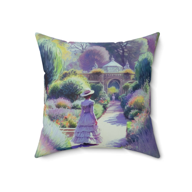Monet Inspired Girl Walking In Garden Spun Polyester Square Pillow