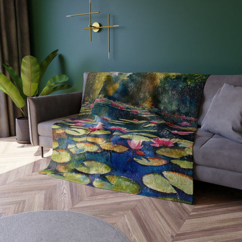 Monet Inspired Waterlily Pond Crushed Velvet Blanket