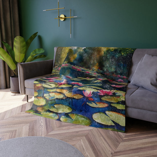 Monet Inspired Waterlily Pond Crushed Velvet Blanket