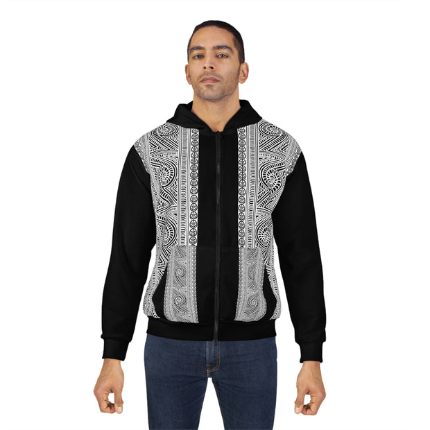 Black and White Koru Unisex Zip Hoodie (AOP)
