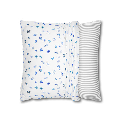 Blue and White Flowers and Butterflies Spun Polyester Square Pillowcase