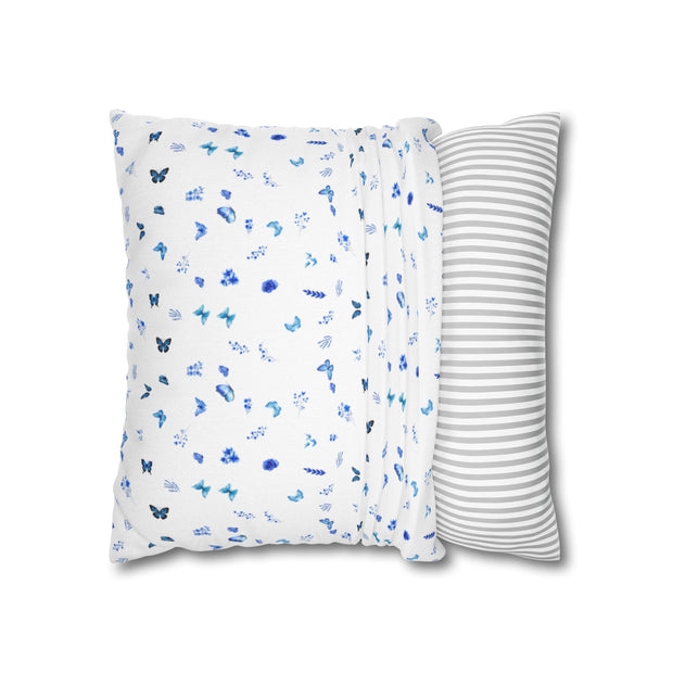 Blue and White Flowers and Butterflies Spun Polyester Square Pillowcase