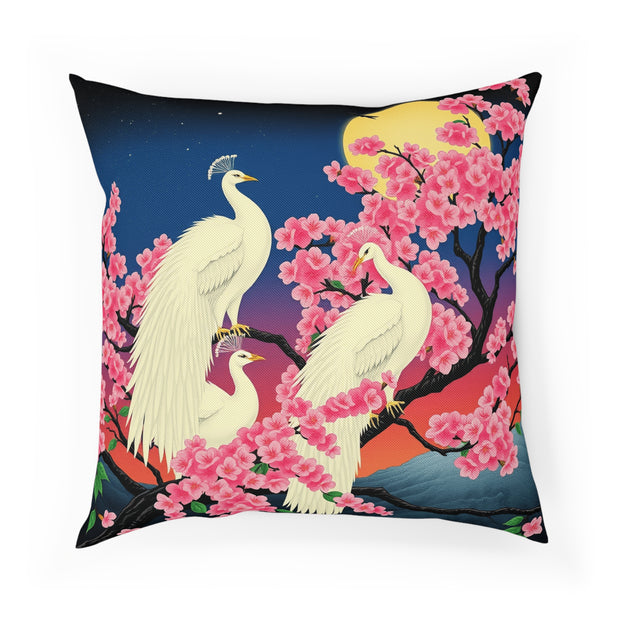 Japanese White Peacock Birds On Cherry Tree Cushion