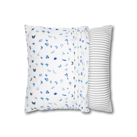 Blue and White Flowers and Butterflies Spun Polyester Square Pillowcase