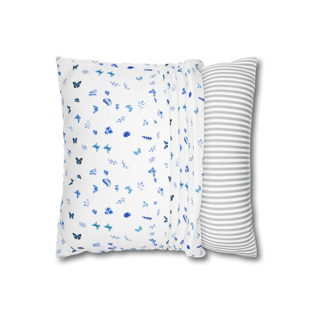 Blue and White Flowers and Butterflies Spun Polyester Square Pillowcase