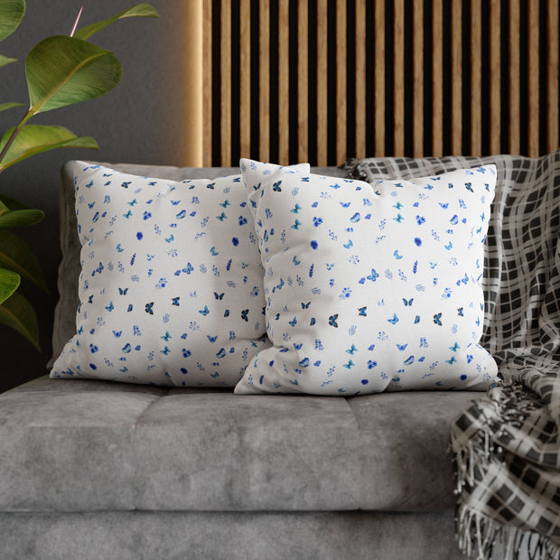 Blue and White Flowers and Butterflies Spun Polyester Square Pillowcase