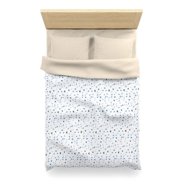 Blue and White Flowers and Butterflies Microfiber Duvet Cover