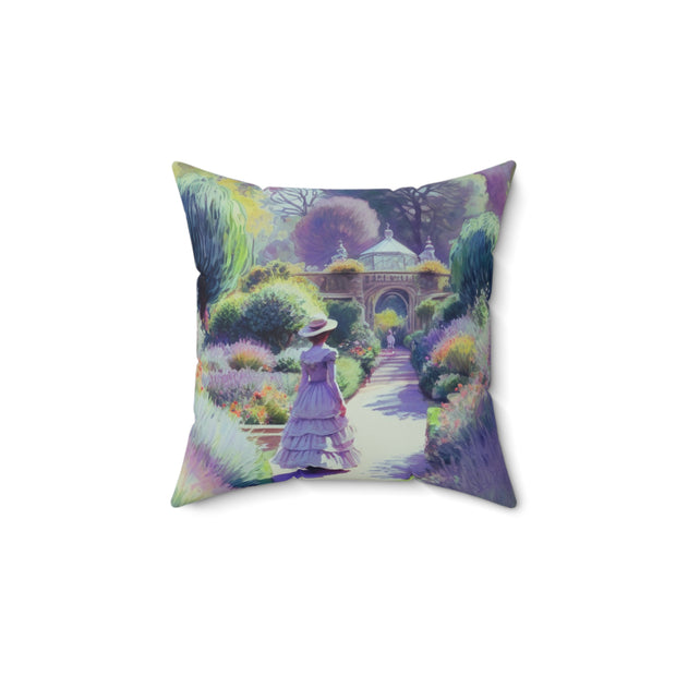 Monet Inspired Girl Walking In Garden Spun Polyester Square Pillow