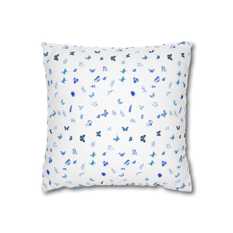 Blue and White Flowers and Butterflies Spun Polyester Square Pillowcase