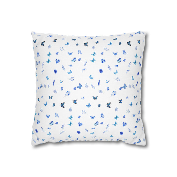 Blue and White Flowers and Butterflies Spun Polyester Square Pillowcase