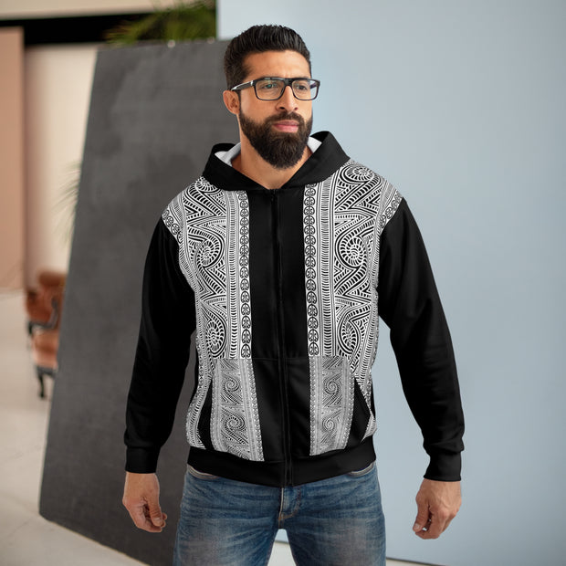 Black and White Koru Unisex Zip Hoodie (AOP)