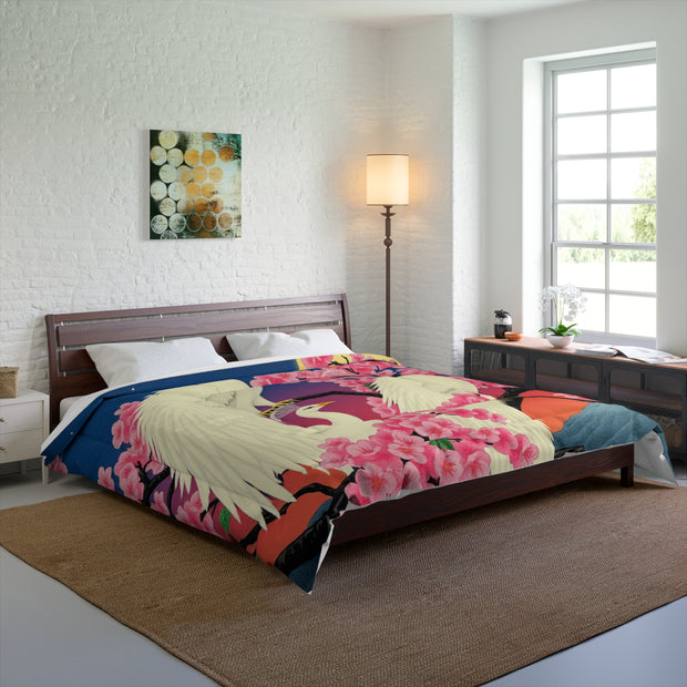 Japanese White Peacocks In Cherry Blossom Tree Comforter